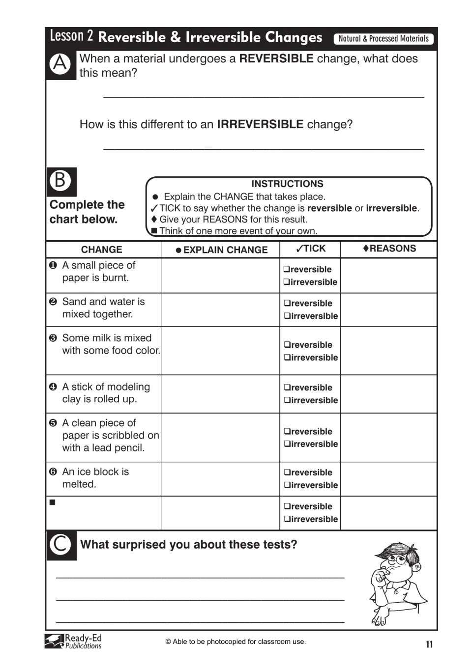 Lesson 2 activity asks students to define reversible changes, classify six tests, and add a test of their own