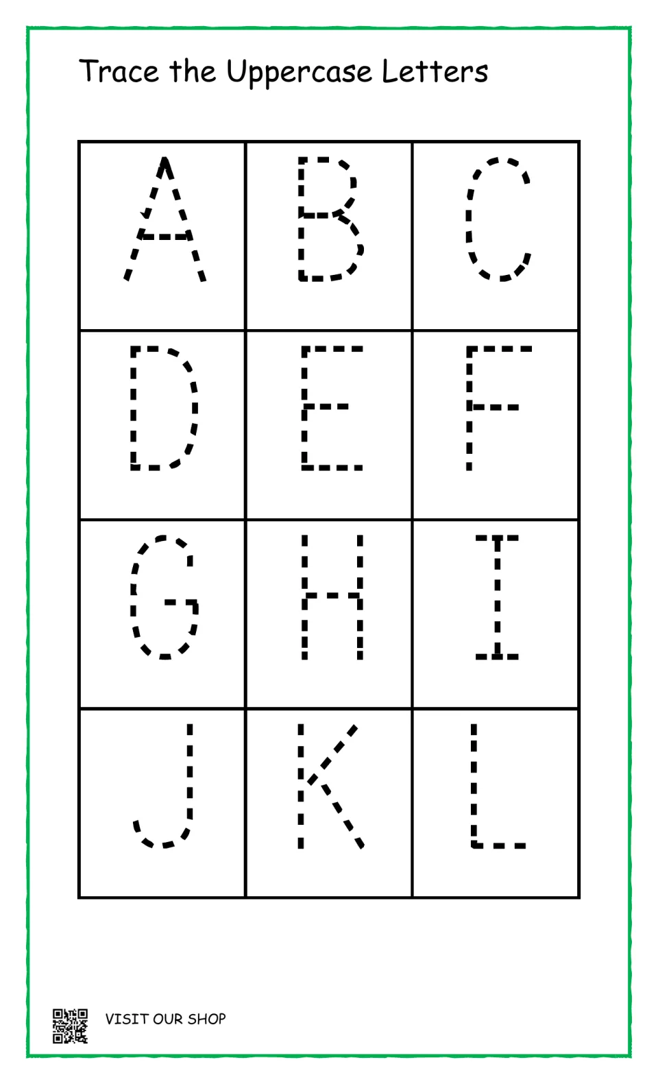 Uppercase letter formation: students trace dotted capital letters A through L, one large letter to each square