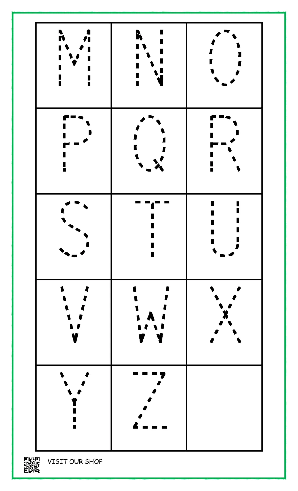 Uppercase letter formation, continued: students trace dotted capital letters M through Z to finish the alphabet