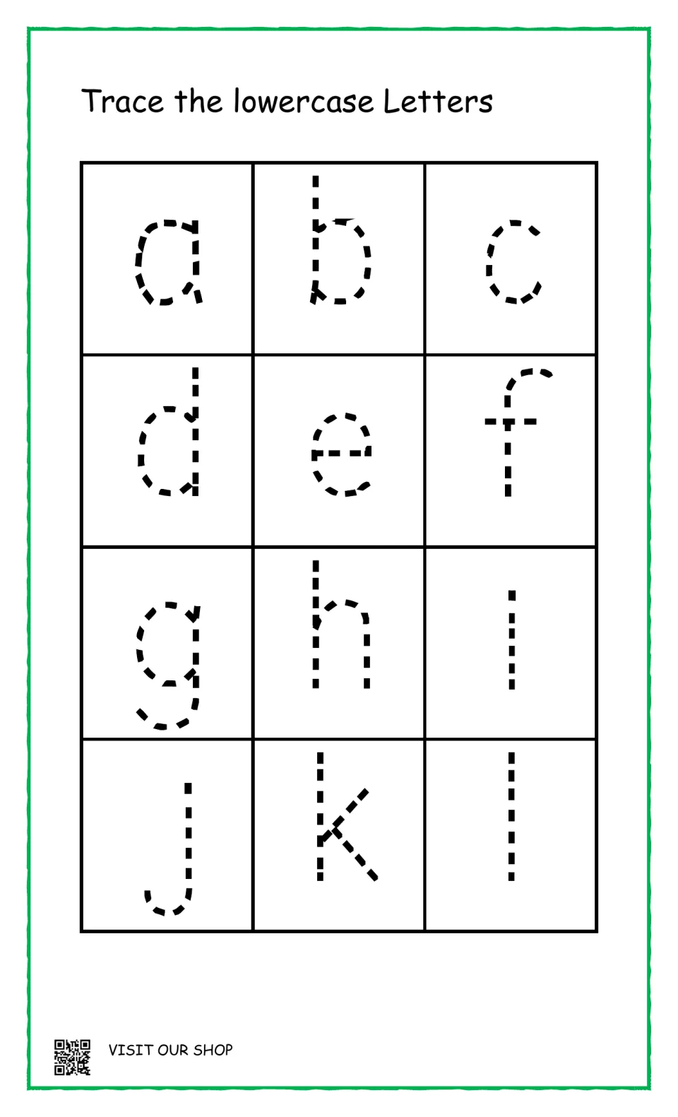 Lowercase letter formation: students trace dotted small letters a through l, including tall letters b, d, h, k and l