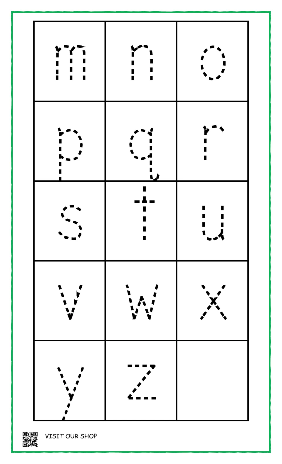 Lowercase letter formation, continued: students trace dotted letters m through z, including descenders p, q and y
