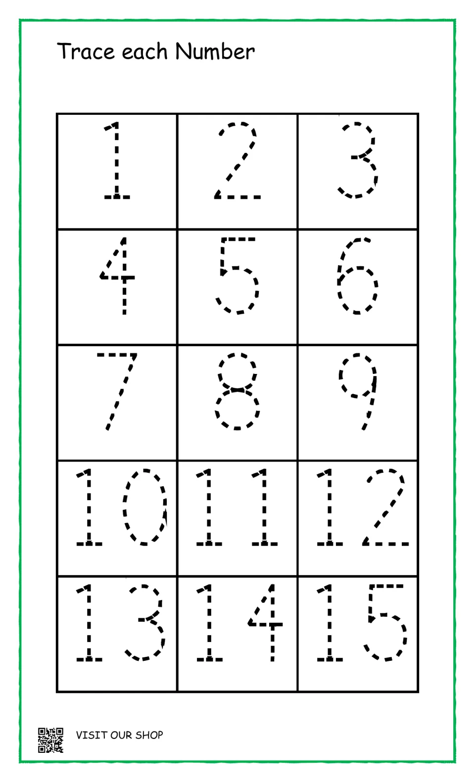 Number writing: students trace dotted numerals 1 through 15, starting with single digits and moving to teen numbers