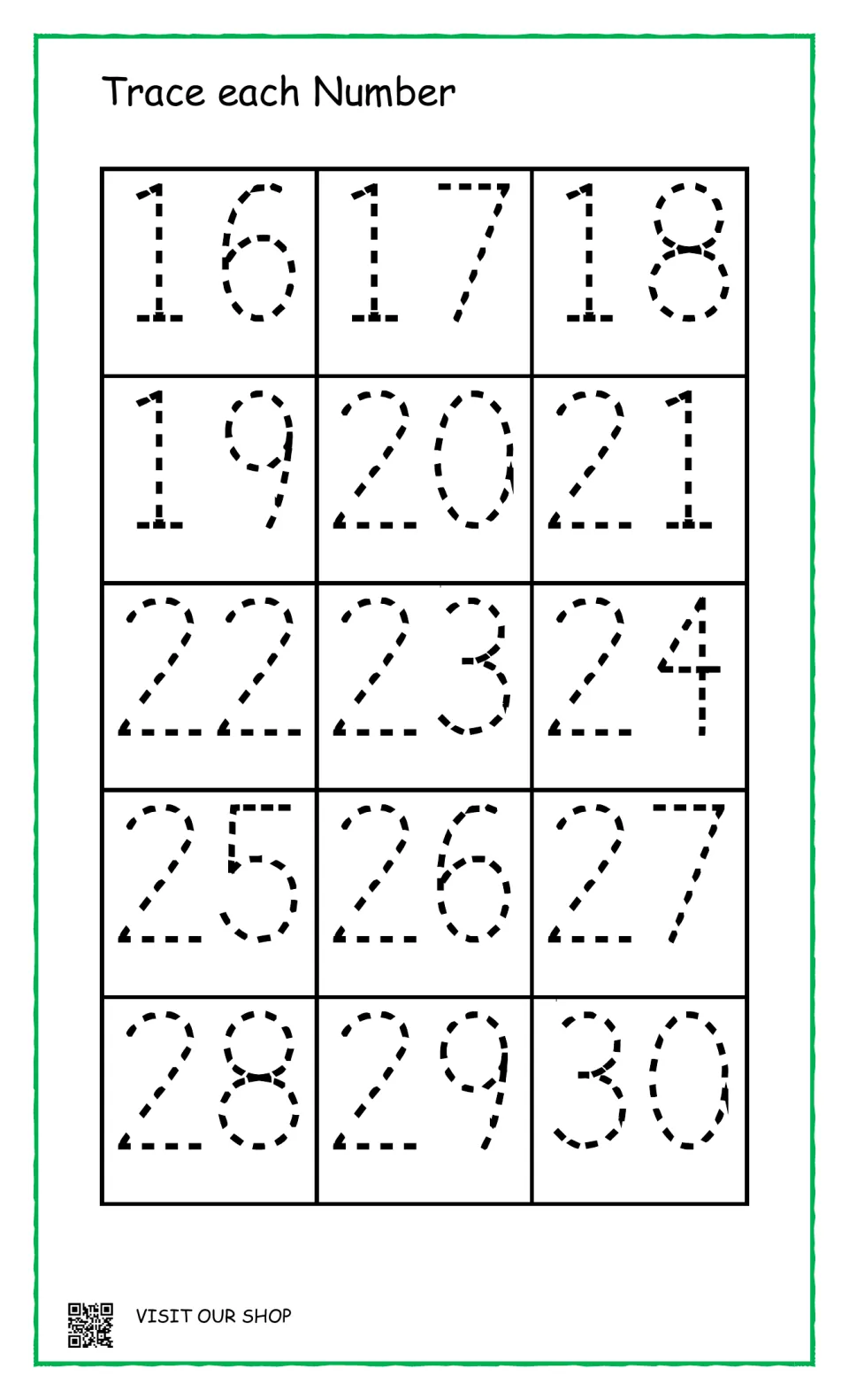 Number writing: students trace dotted two-digit numerals 16 through 30, crossing from the teens into the twenties