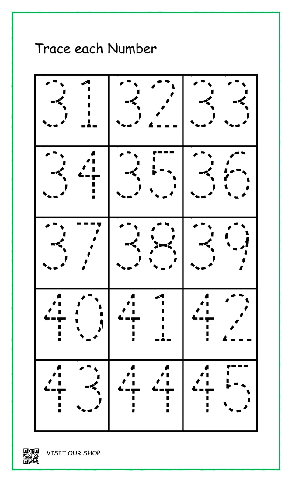 Number writing: students trace dotted two-digit numerals 31 through 45, covering the thirties and early forties