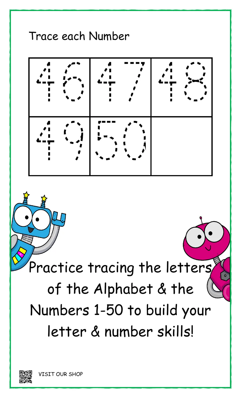 Number writing: students trace dotted numerals 46 through 50, closed by a note to trace the alphabet and numbers 1-50