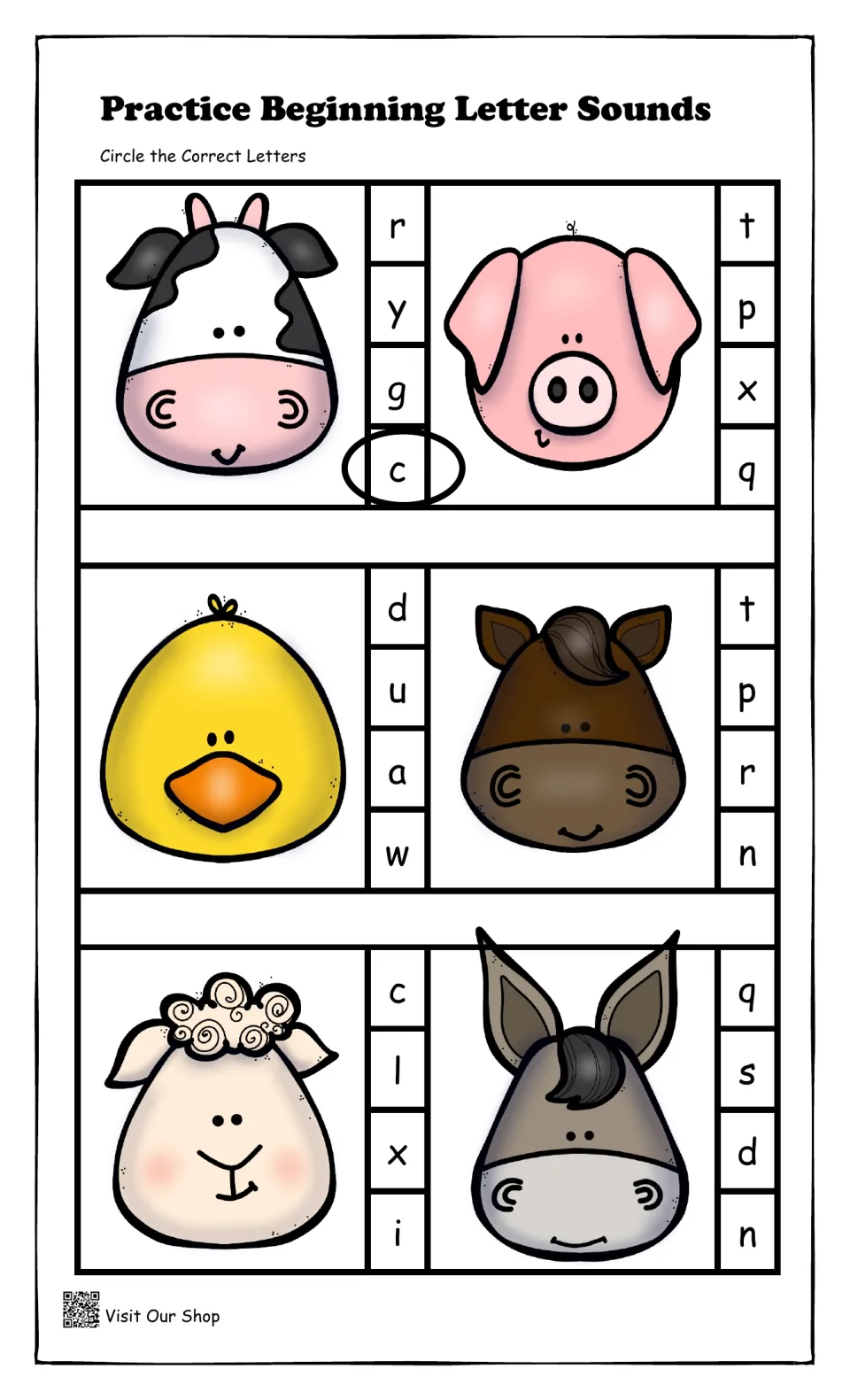Farm animal beginning sounds: students circle the first letter for a cow, pig, duck, pony, lamb and donkey