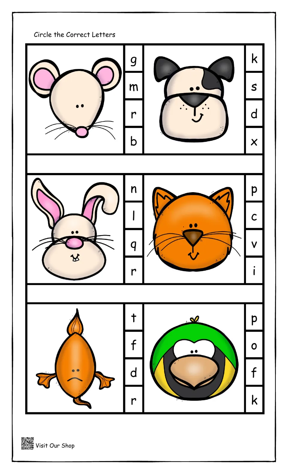 Pet animal beginning sounds: students circle the starting letter for a mouse, dog, rabbit, cat, fish and parrot