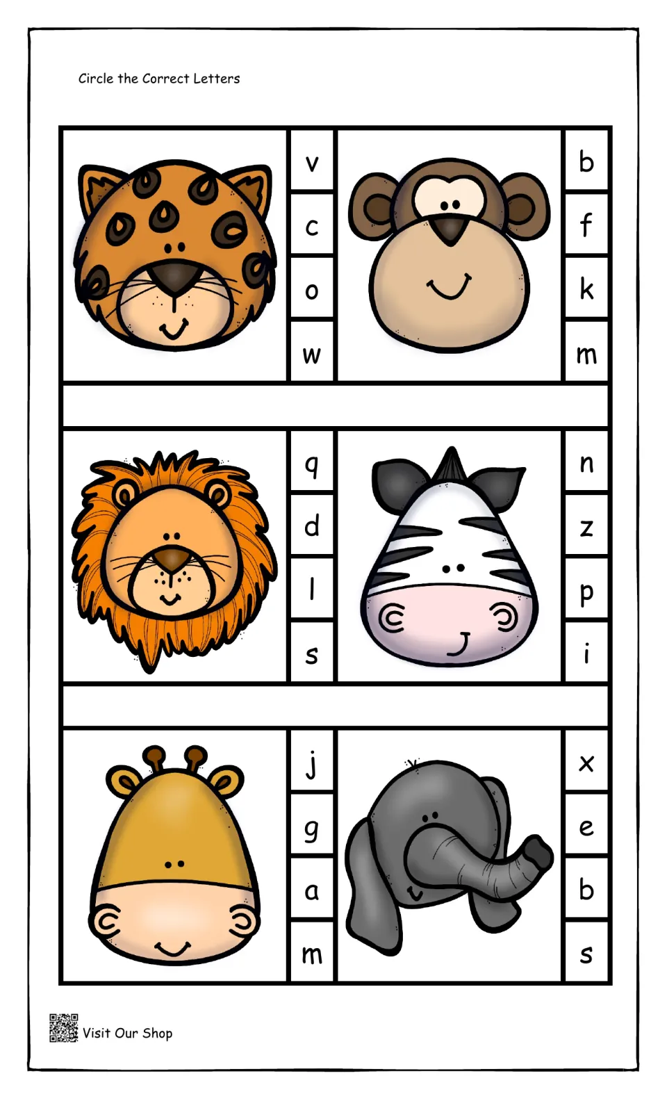 Zoo animal beginning sounds: students circle the first letter for a cheetah, monkey, lion, zebra, giraffe and elephant