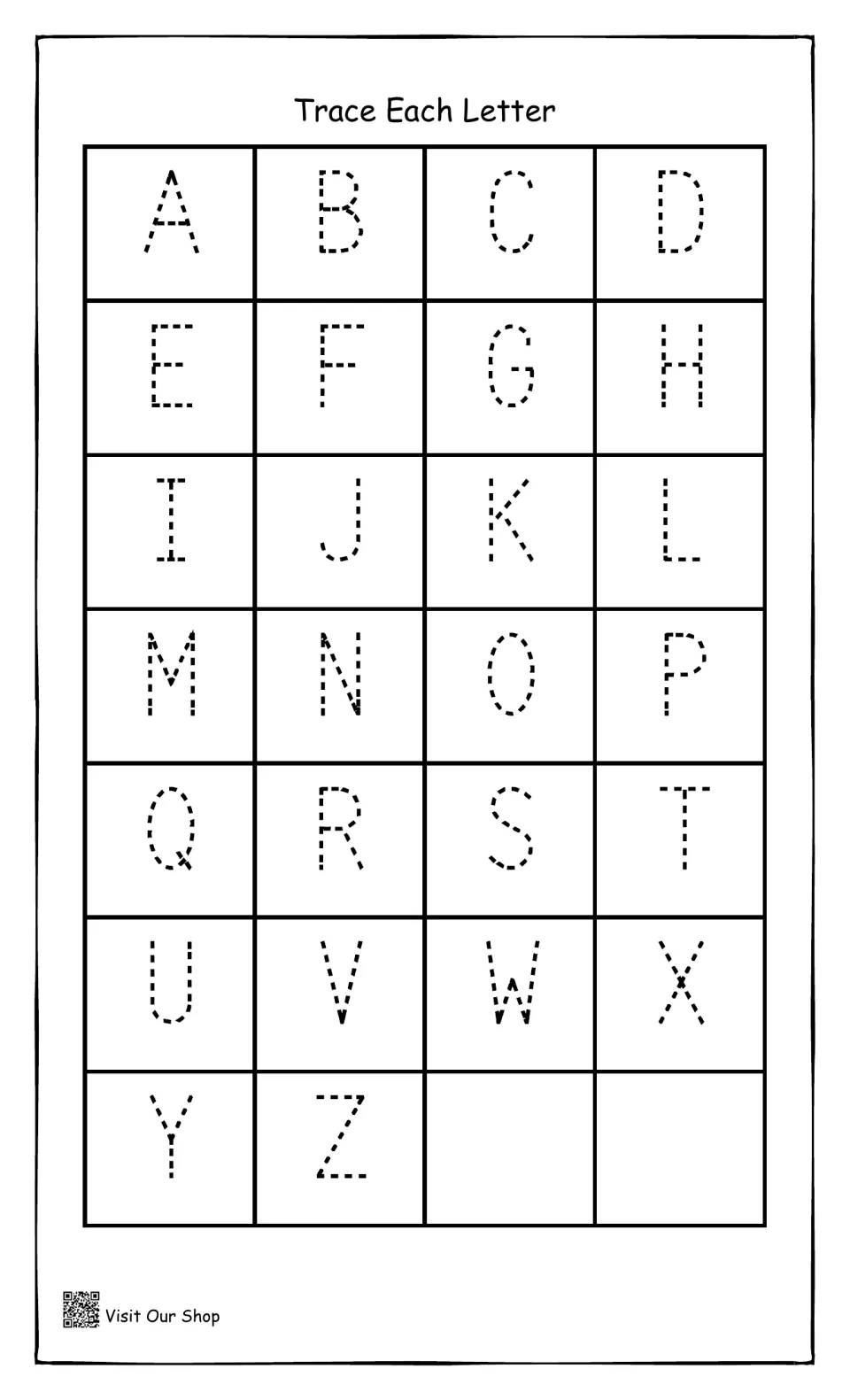 Uppercase alphabet tracing: students trace dotted capital letters A to Z to practise letter formation
