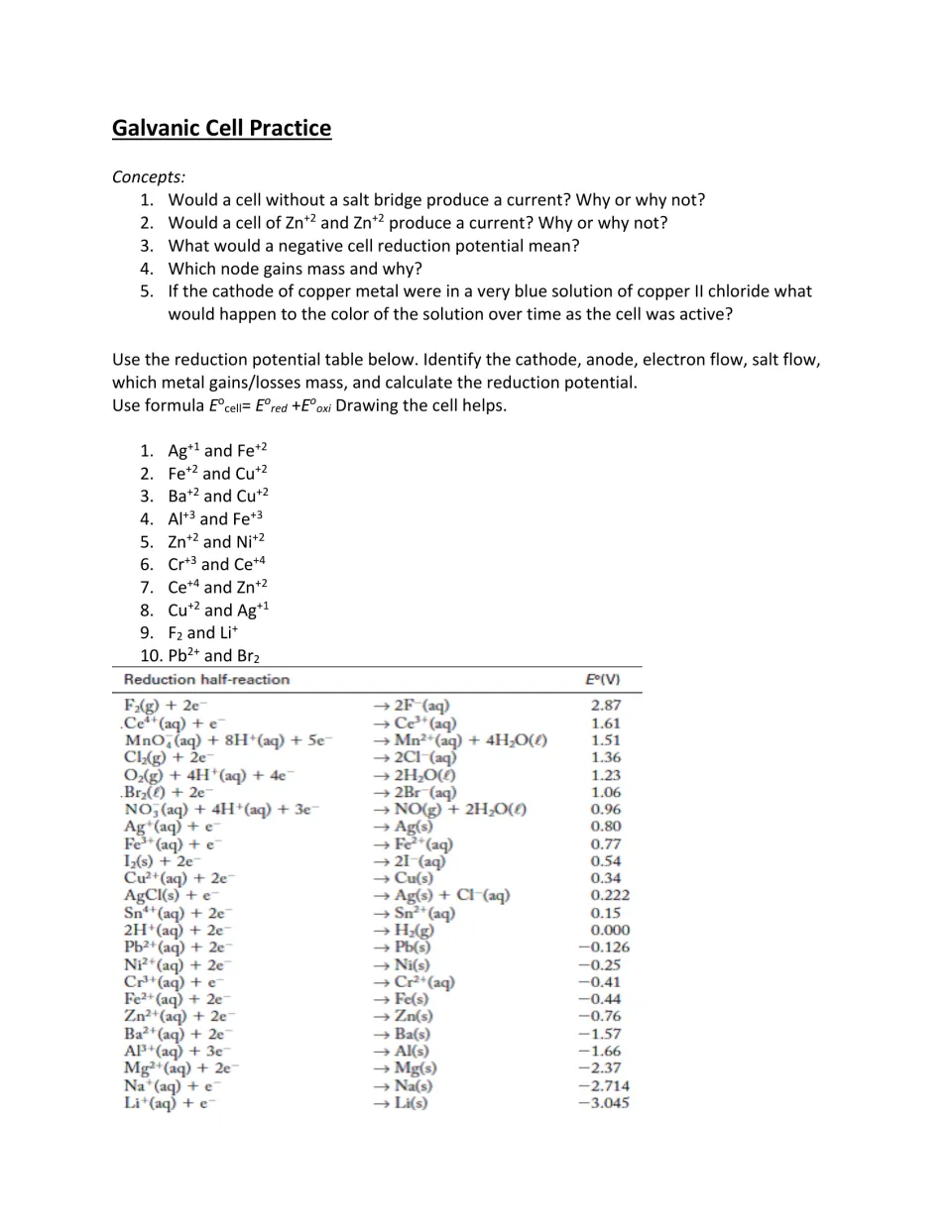 Galvanic cell practice: five concept questions, 10 cell-potential problems, and a reduction potential table