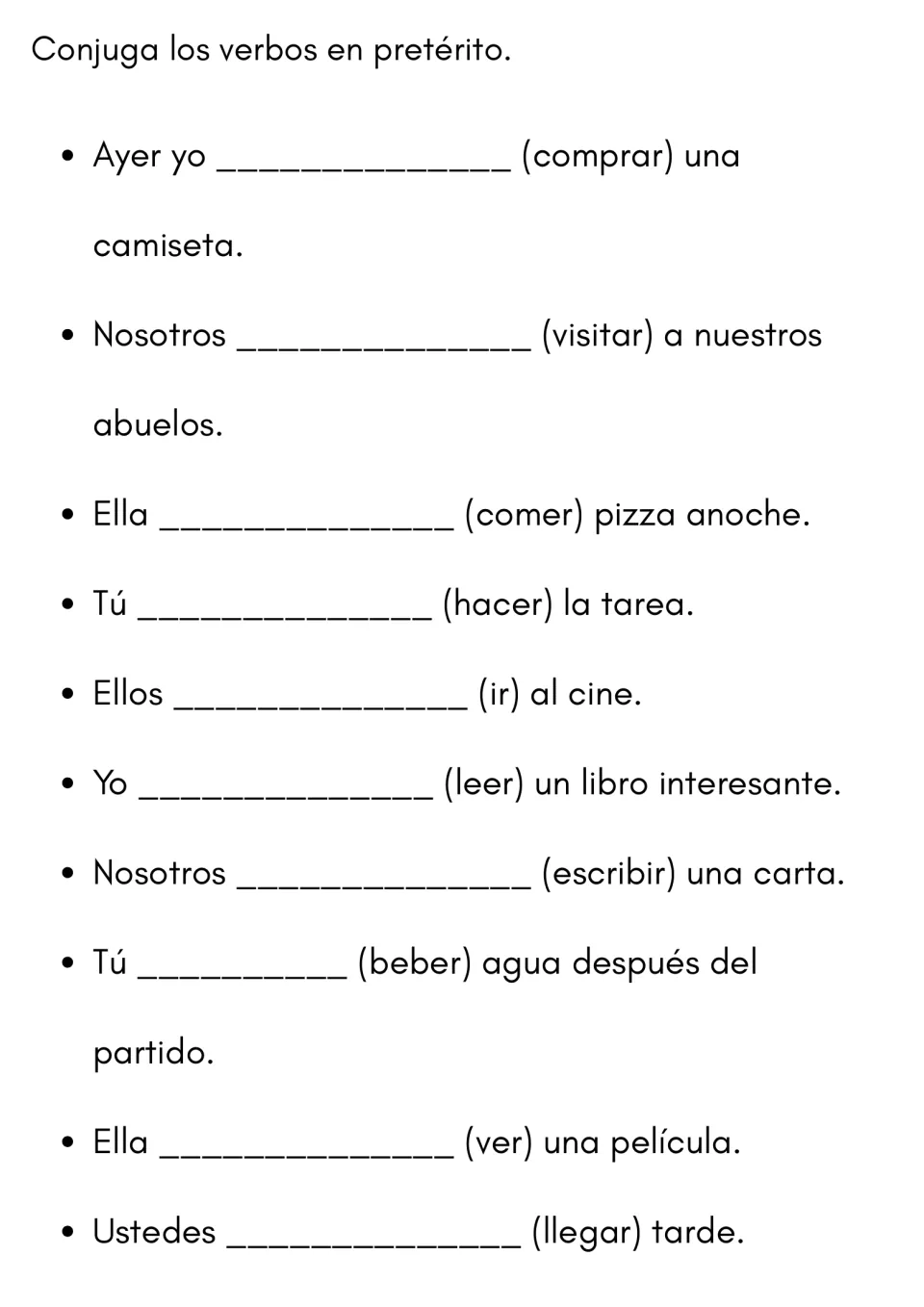 Spanish preterite practice: students conjugate 10 verbs such as comprar, hacer, ir and ver to complete past-tense sentences
