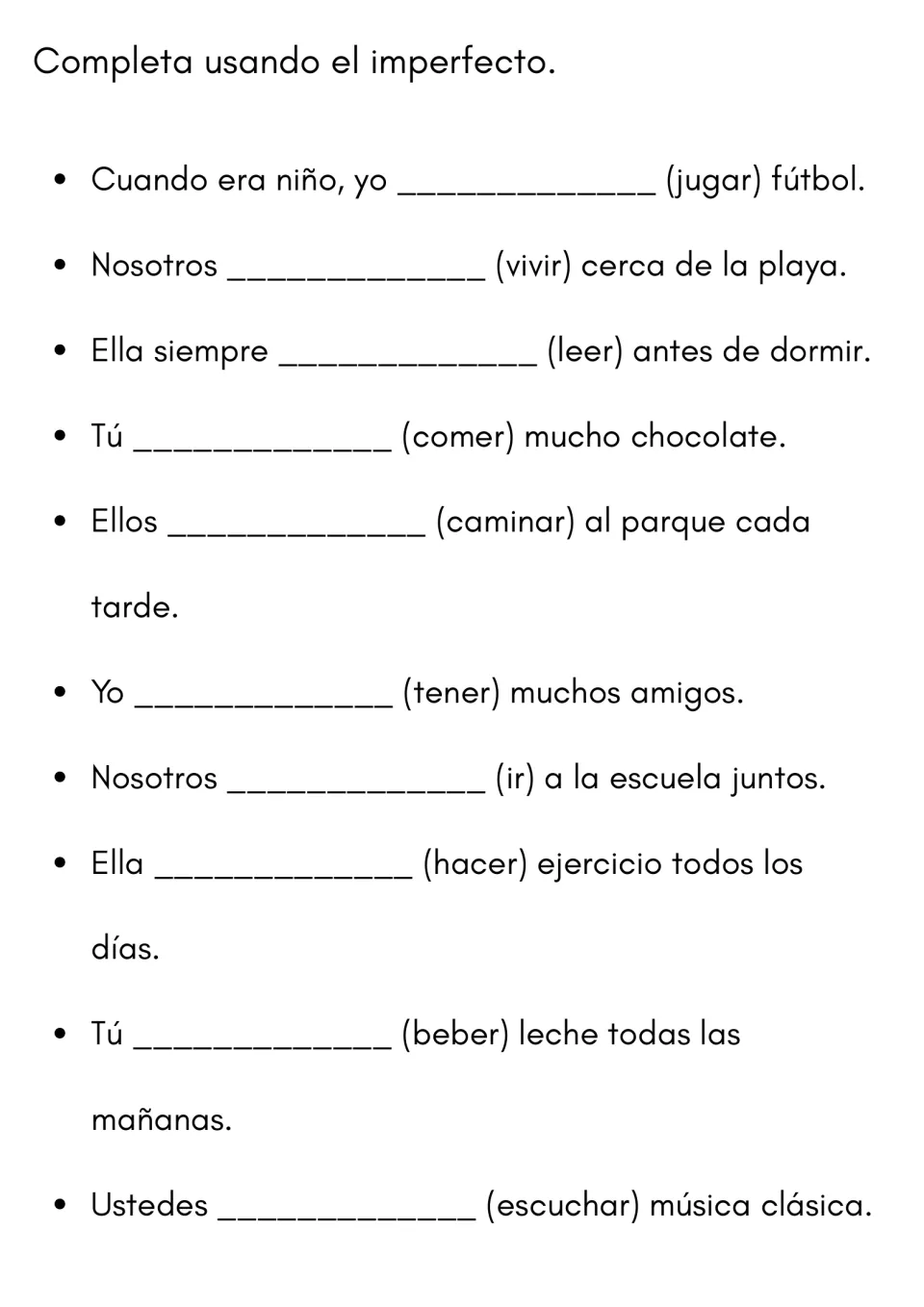 Spanish imperfect tense: students complete 10 sentences about childhood habits using jugar, vivir, leer, ir and tener
