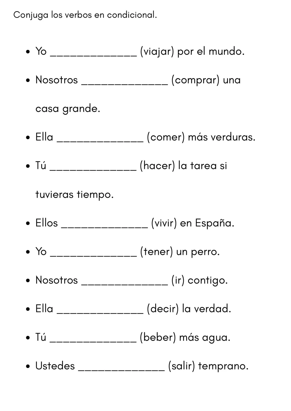 Spanish conditional tense: students conjugate 10 verbs like viajar, comprar, decir and salir to finish each sentence