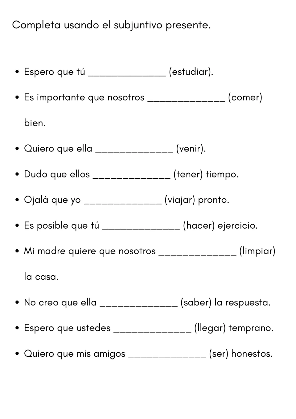 Spanish present subjunctive: students complete 10 sentences after triggers like espero que, dudo que and ojalá que