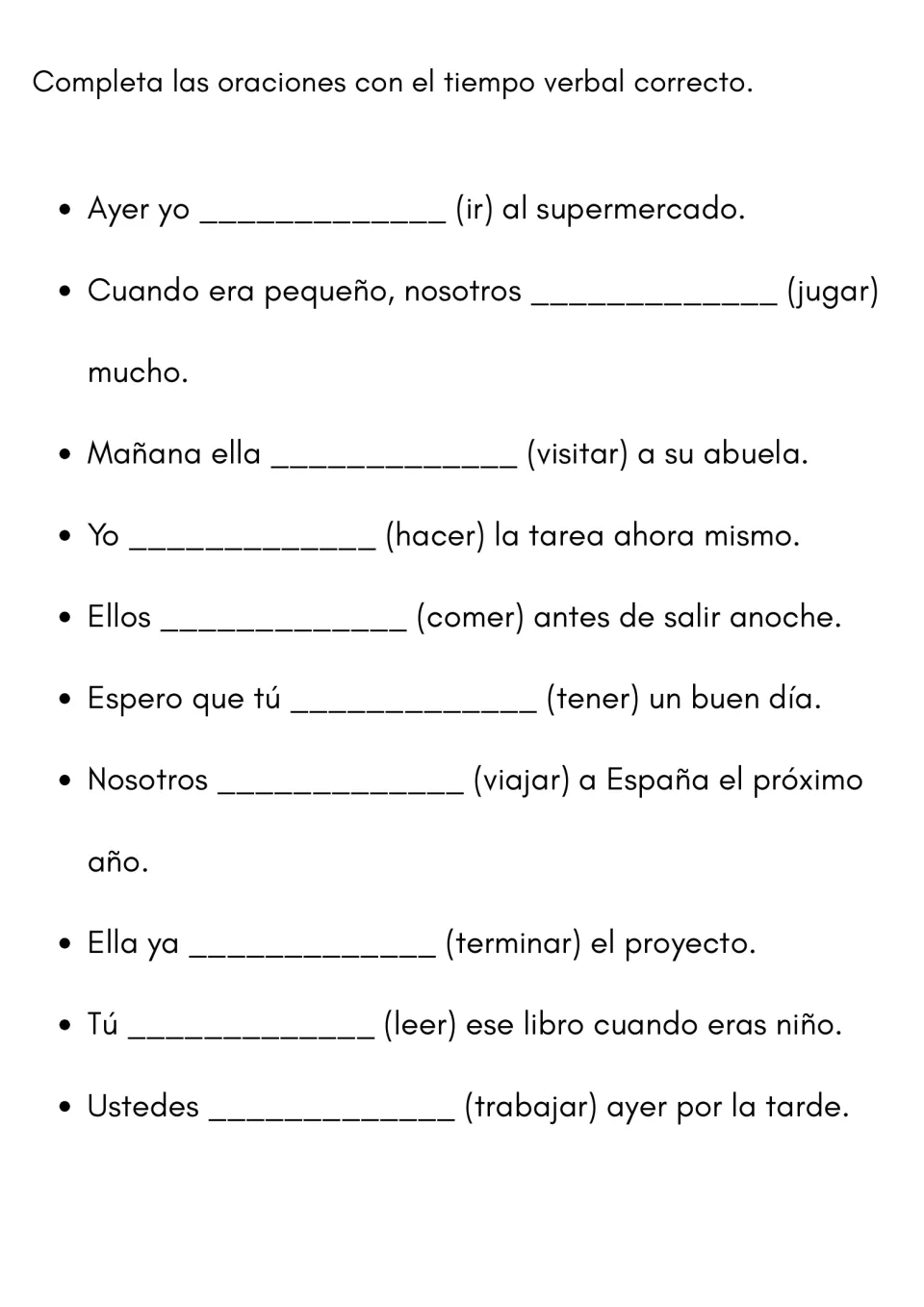 Mixed Spanish tenses: students choose the correct tense for 10 sentences using time clues such as ayer, mañana and ahora
