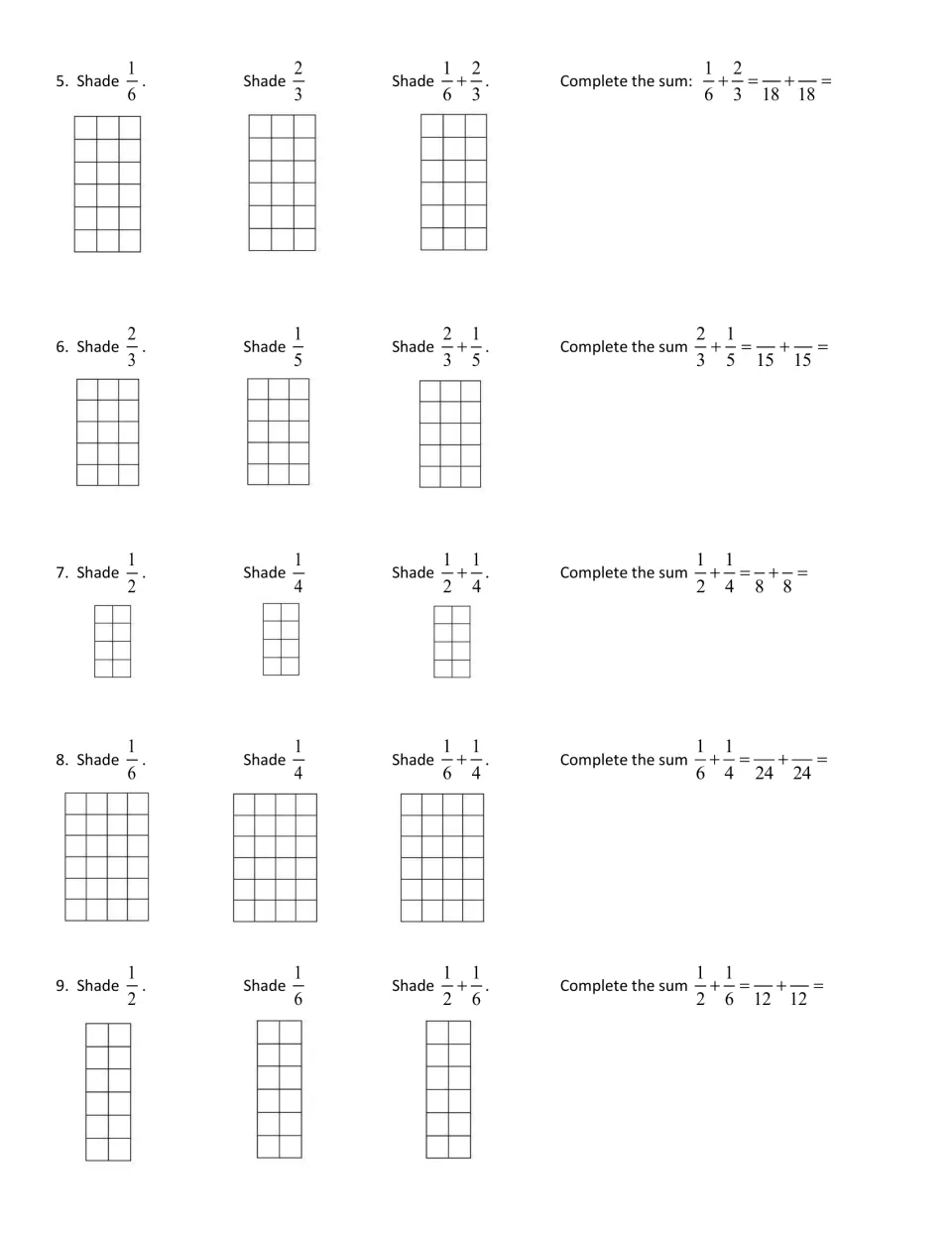Adding unlike fractions, problems 5 to 9: shade 1/6 + 2/3 through 1/2 + 1/6 on area models and complete each sum