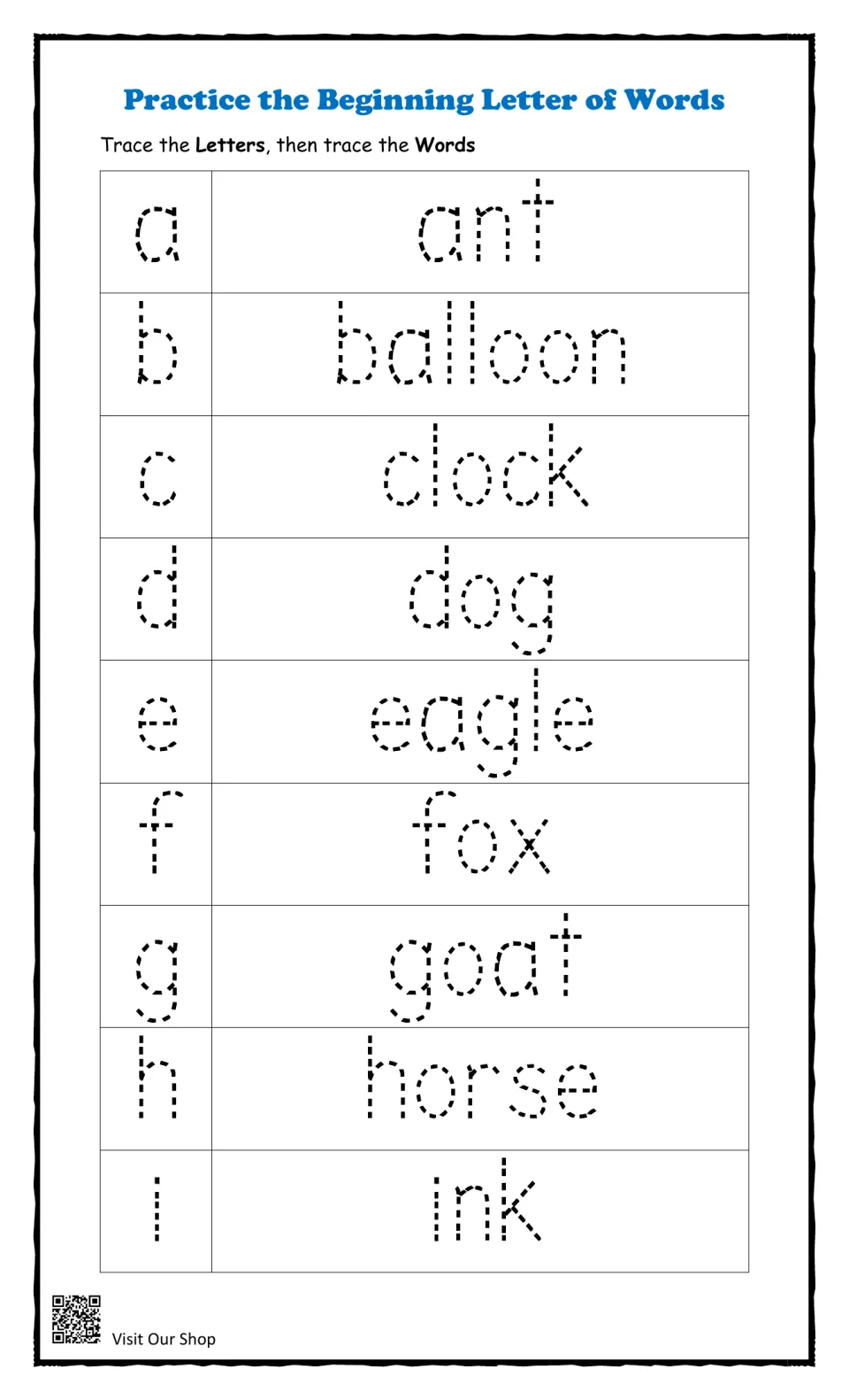 Beginning letters a to i: students trace each lowercase letter, then trace a word such as ant, balloon, clock or ink