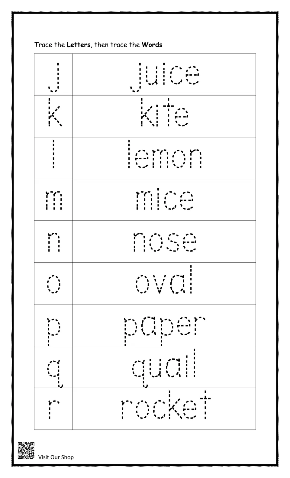 Beginning letters j to r: students trace each letter, then its word, from juice, kite and lemon to quail and rocket
