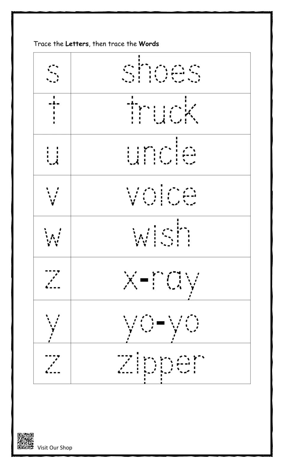 Beginning letters s to z: students trace each letter and its word, including shoes, truck, voice, wish, yo-yo and zipper