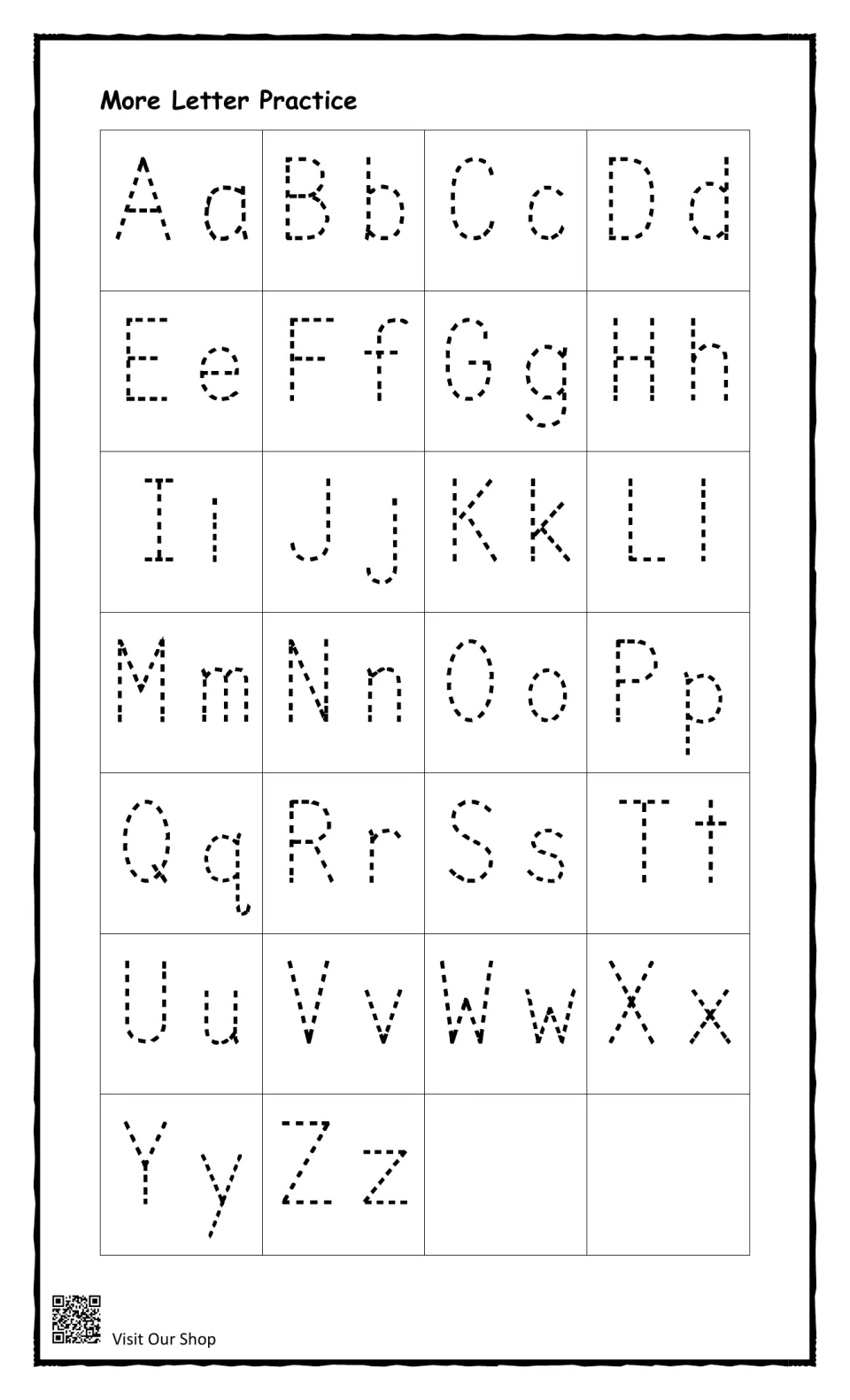 More Letter Practice: students trace dotted uppercase and lowercase pairs of the whole alphabet, from Aa through Zz