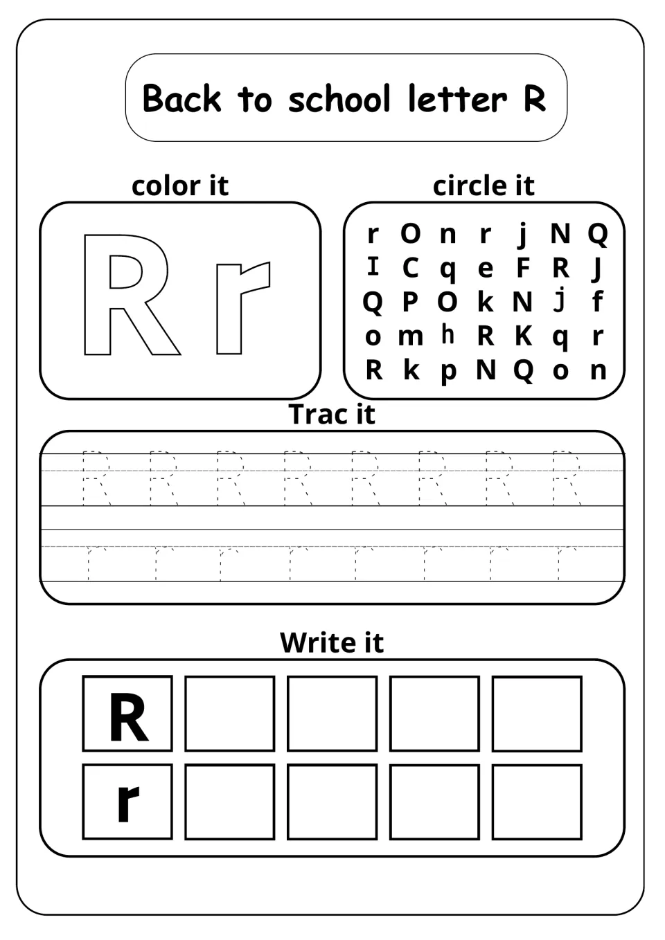 Back to school letter R: students color outline Rr, circle R and r in a letter grid, trace a row of each and write them