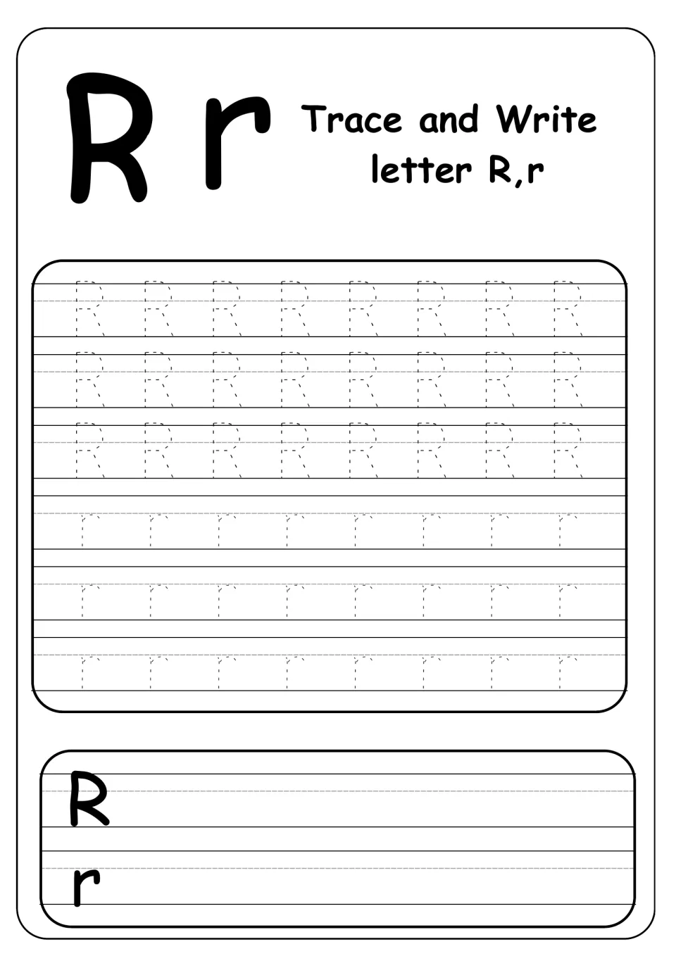 Trace and Write letter R,r: students trace three rows of dotted capital R and three of lowercase r, then write each