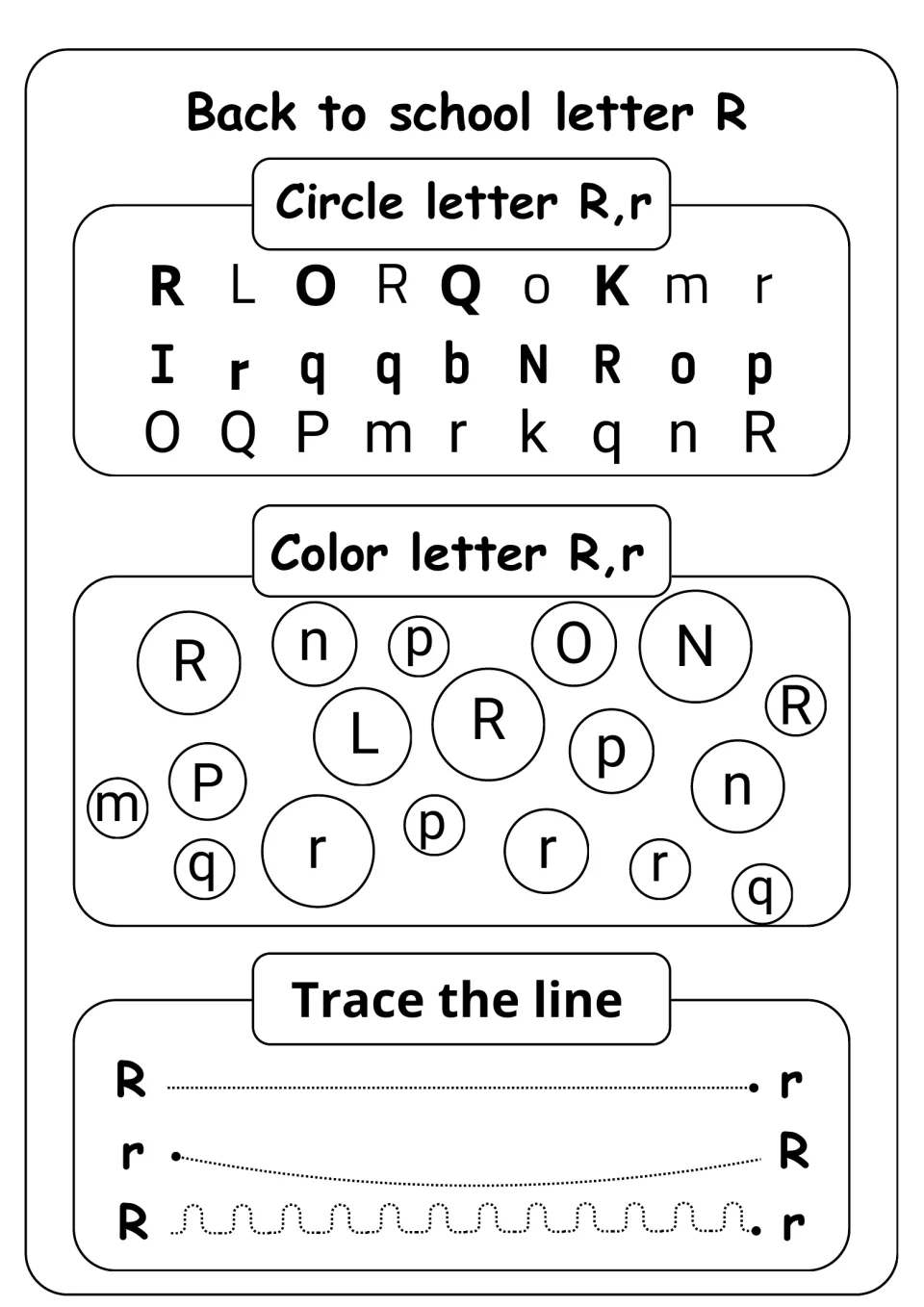 Letter R recognition: students circle R and r among letters, color bubbles holding R or r, then trace three R-to-r paths