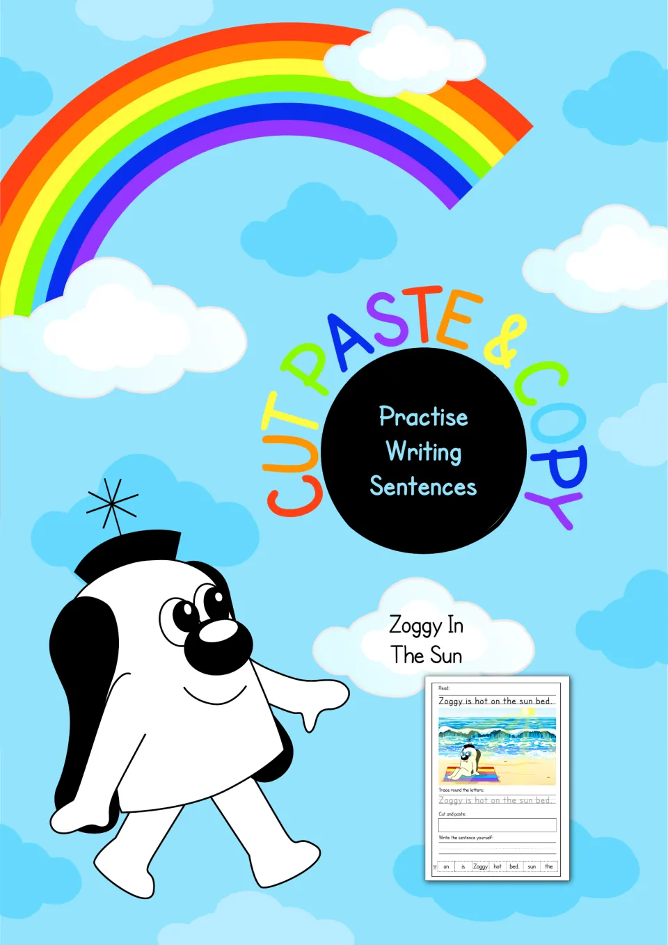 Cut, Paste & Copy cover for Zoggy In The Sun sentence practice, showing Zoggy the dog and a sample sentence sheet