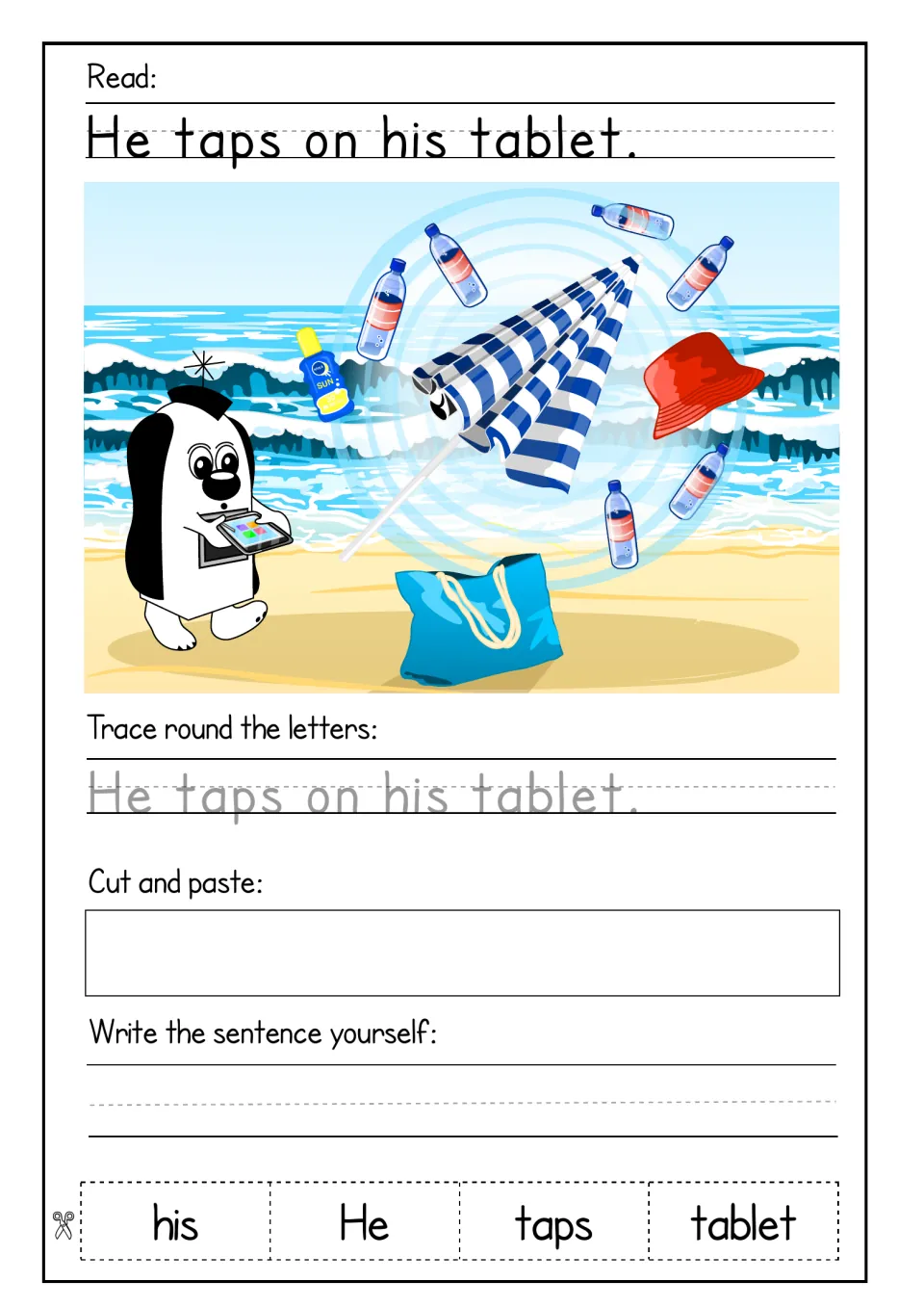 He taps on his tablet: students read and trace the sentence, order four cut-out words, then copy it with Zoggy on a beach