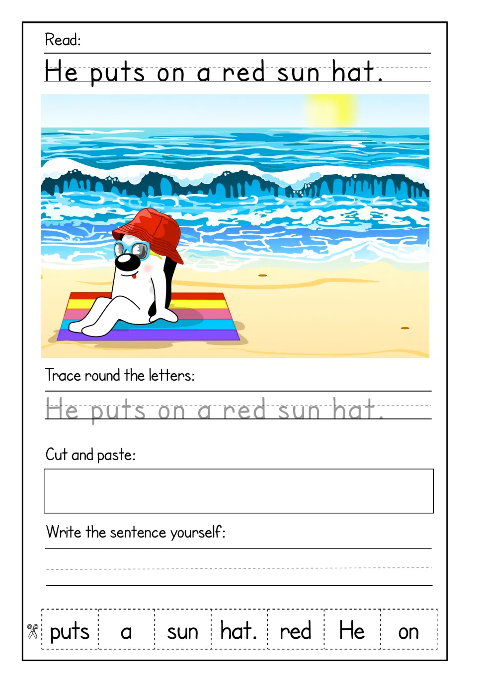 He puts on a red sun hat: students trace the sentence, sequence seven word cards to rebuild it and copy it out