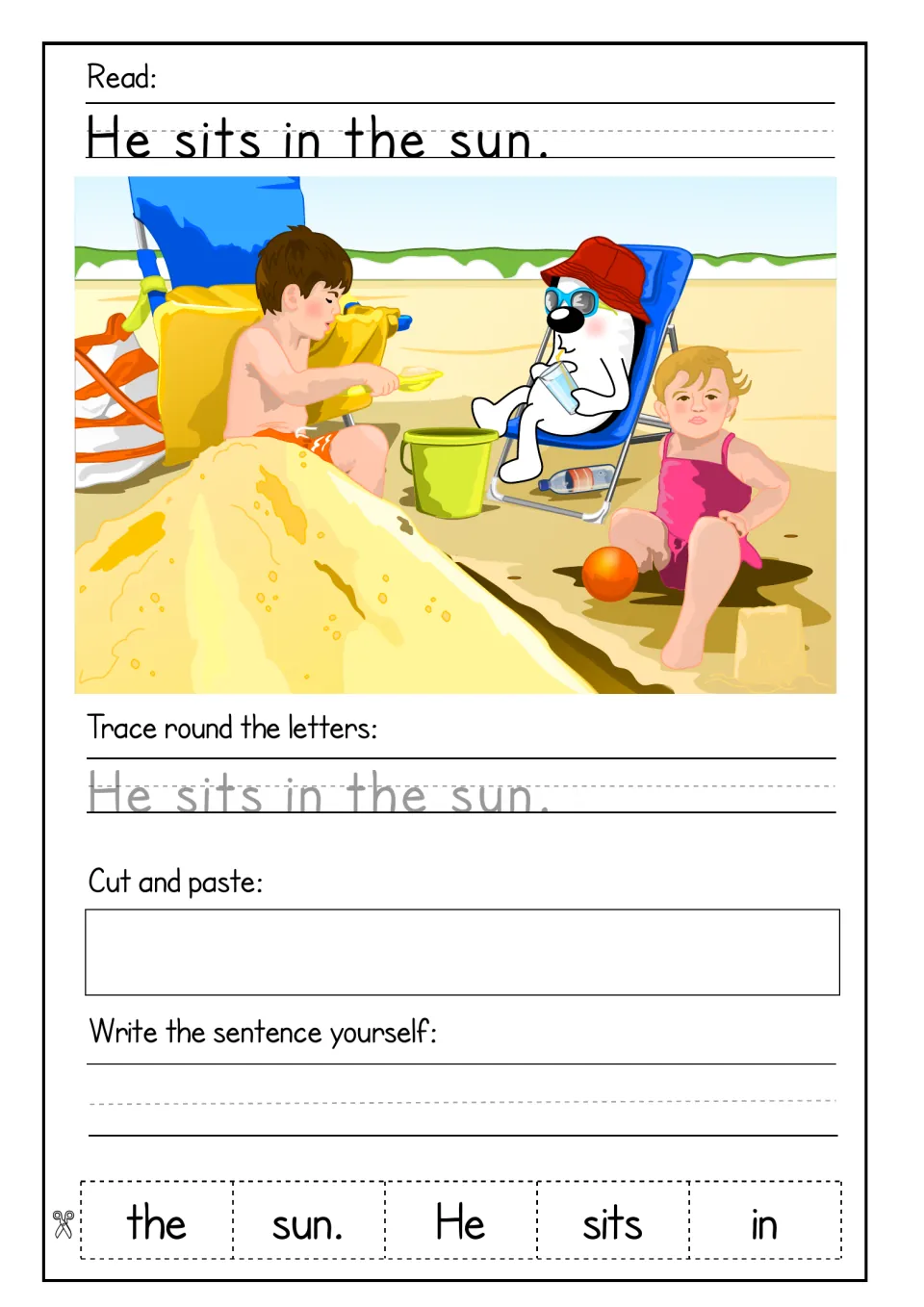 He sits in the sun: students read and trace the sentence, paste five word cards in order, then write it on their own