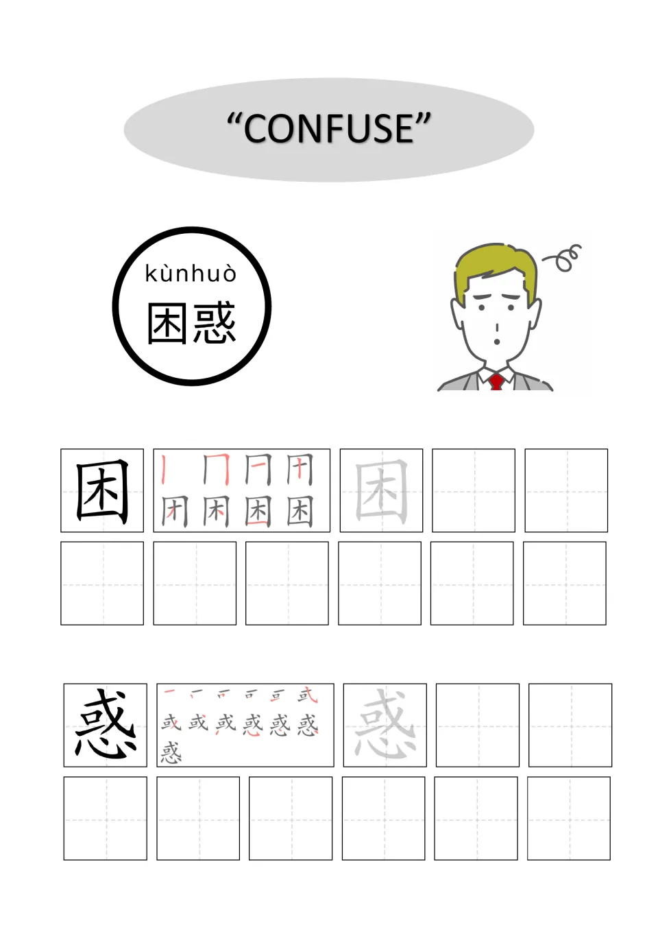 Chinese word for confused, 困惑 (kùnhuò): students follow stroke order for 困 and 惑, then copy each character