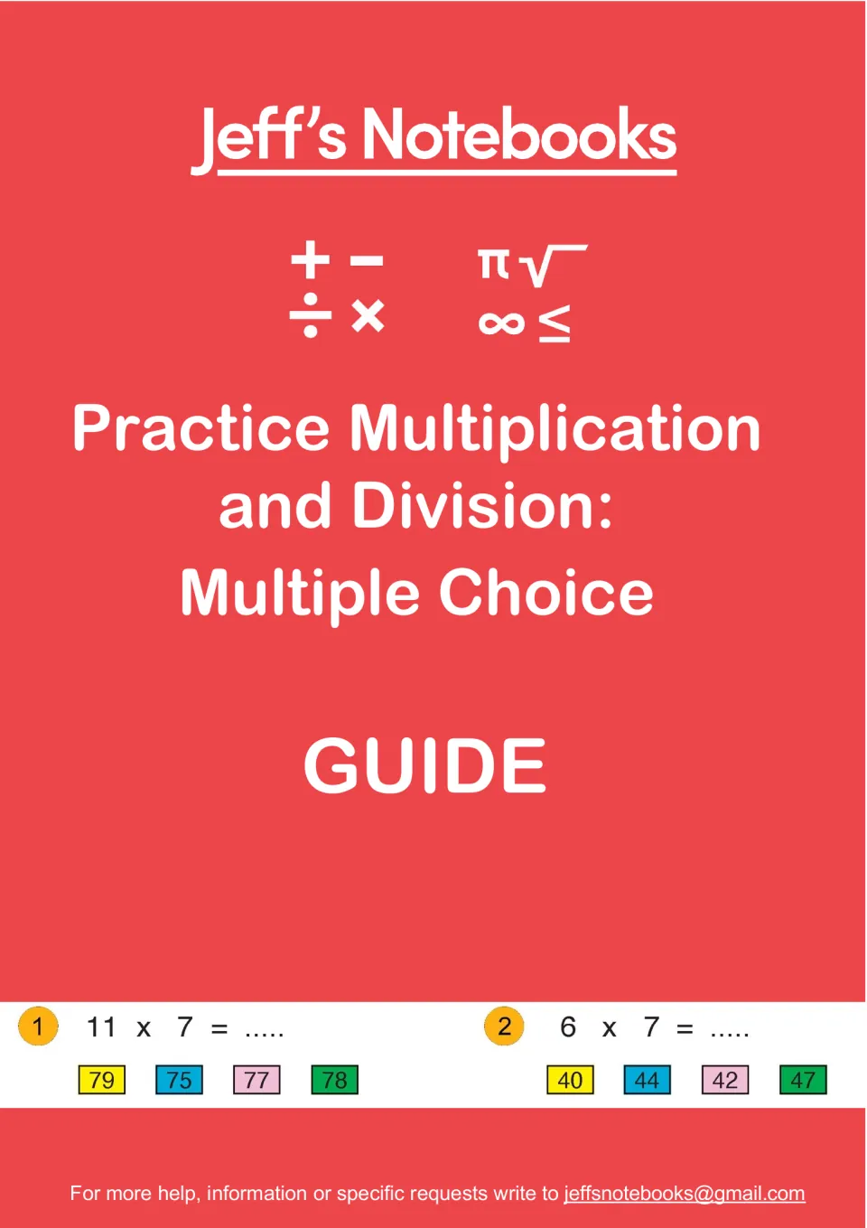 Jeff's Notebooks guide cover for multiple-choice multiplication and division practice, with two sample problems