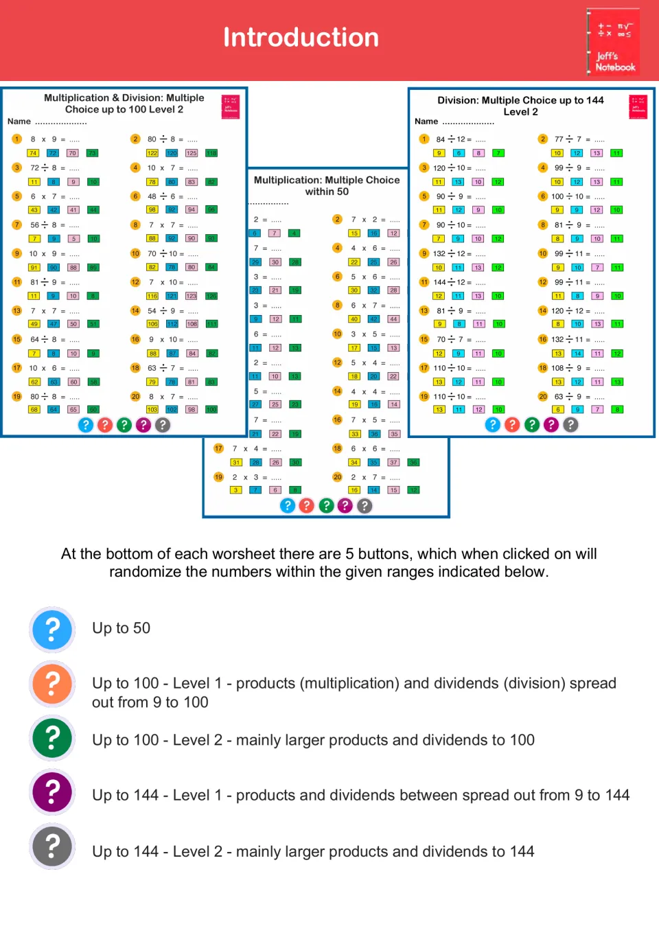 Introduction: five buttons on each sheet randomize facts in ranges up to 50, up to 100 and up to 144 at Level 1 or 2