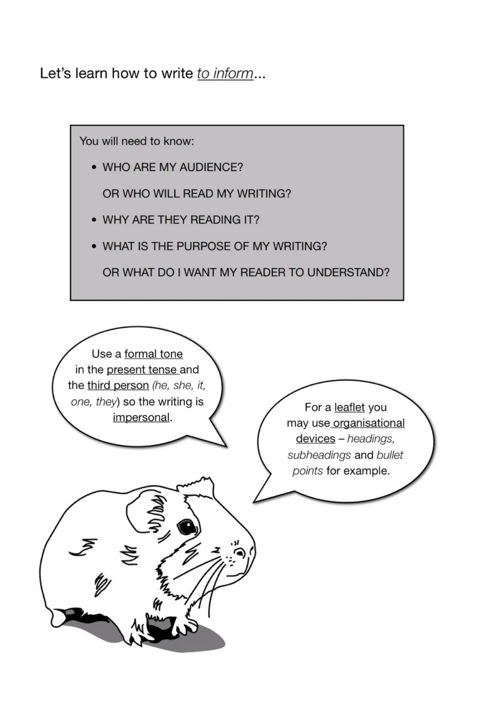 Writing to inform: audience and purpose questions, plus tips on formal tone, present tense, third person and headings