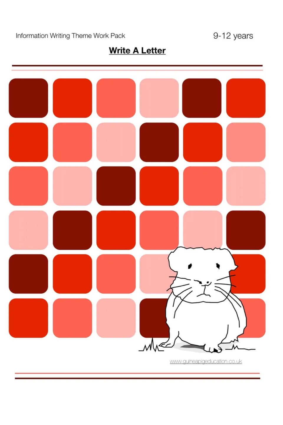Cover of Write A Letter, part of an Information Writing Theme Work Pack for 9-12 years, with a guinea pig drawing