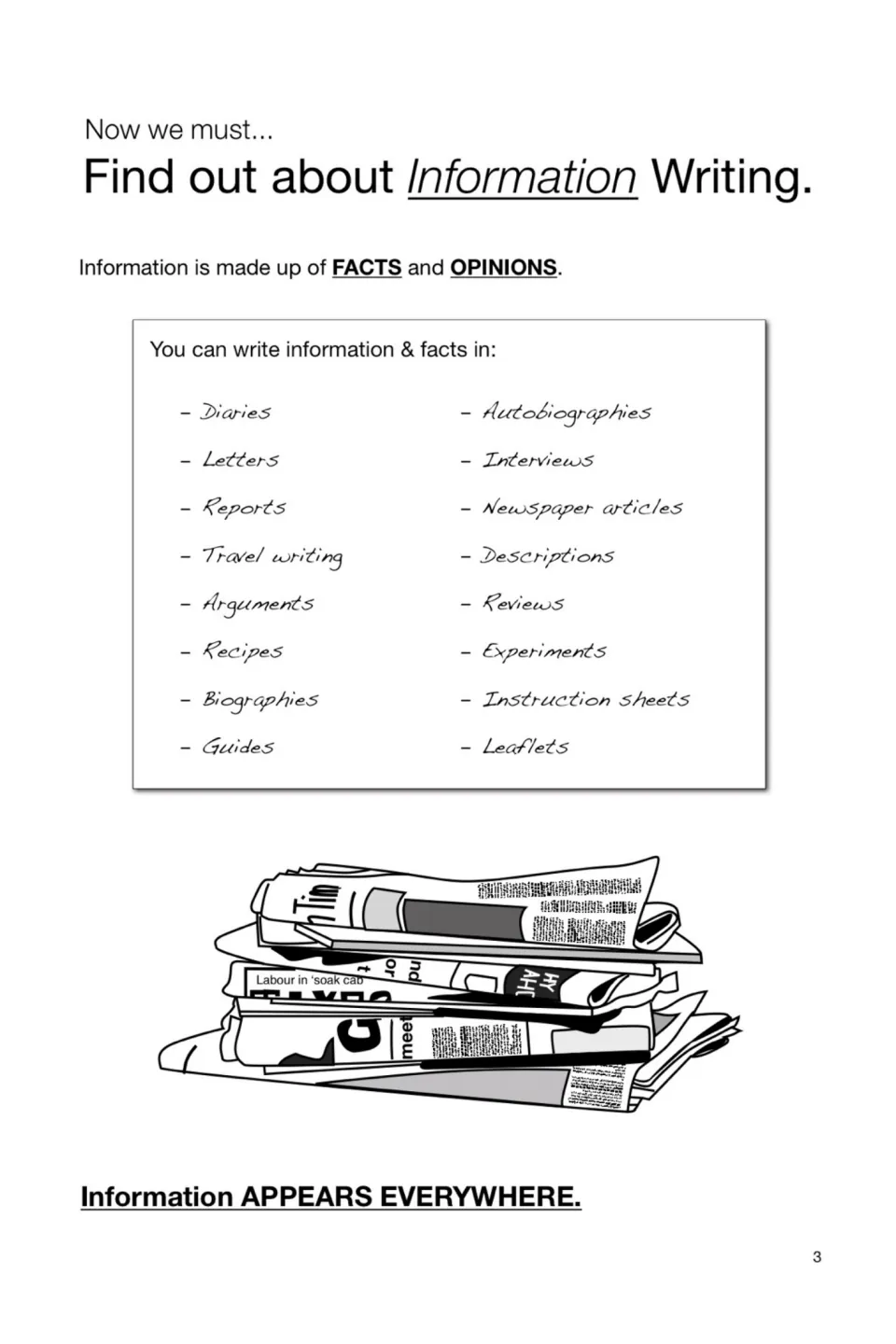 Information writing intro: facts and opinions, plus a list of forms like diaries, letters, reports, recipes and leaflets