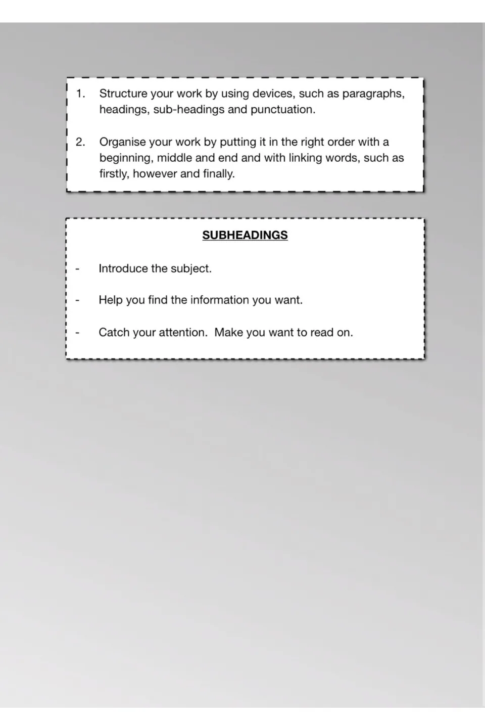 Organising writing: paragraphs, headings, linking words like firstly, however and finally, and what subheadings do