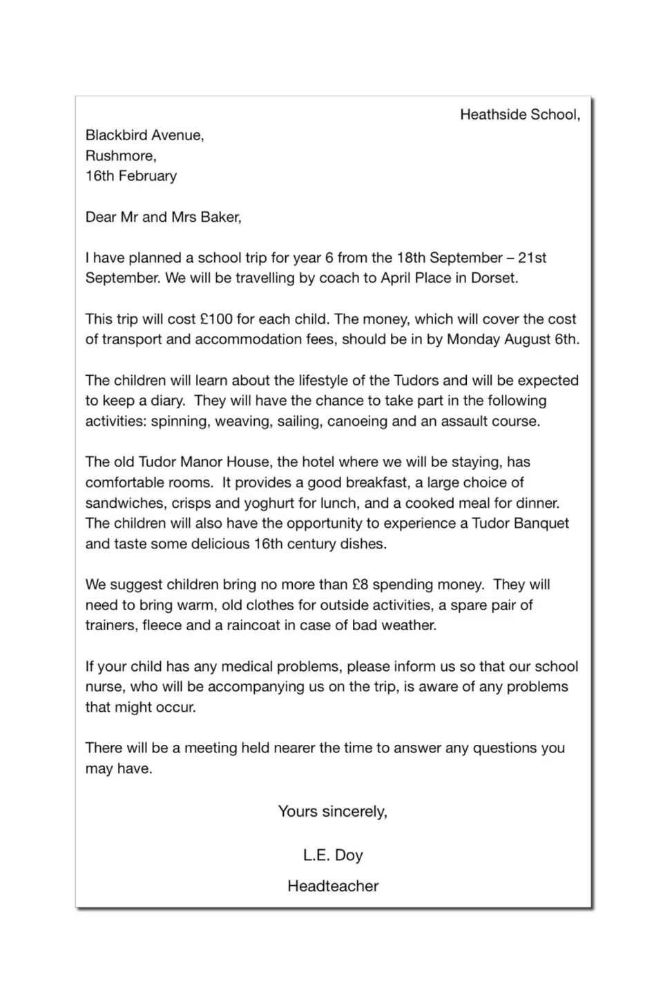 Formal letter from a headteacher to parents about a Year 6 Tudor trip to Dorset: cost, activities, meals and kit