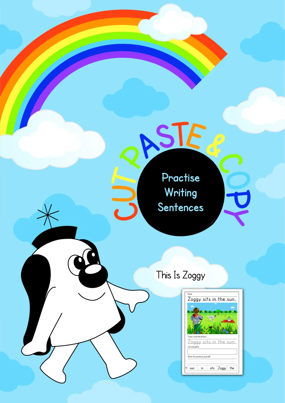 Cover: Cut, Paste & Copy, Practise Writing Sentences, This Is Zoggy, with the alien Zoggy and a sample sentence sheet