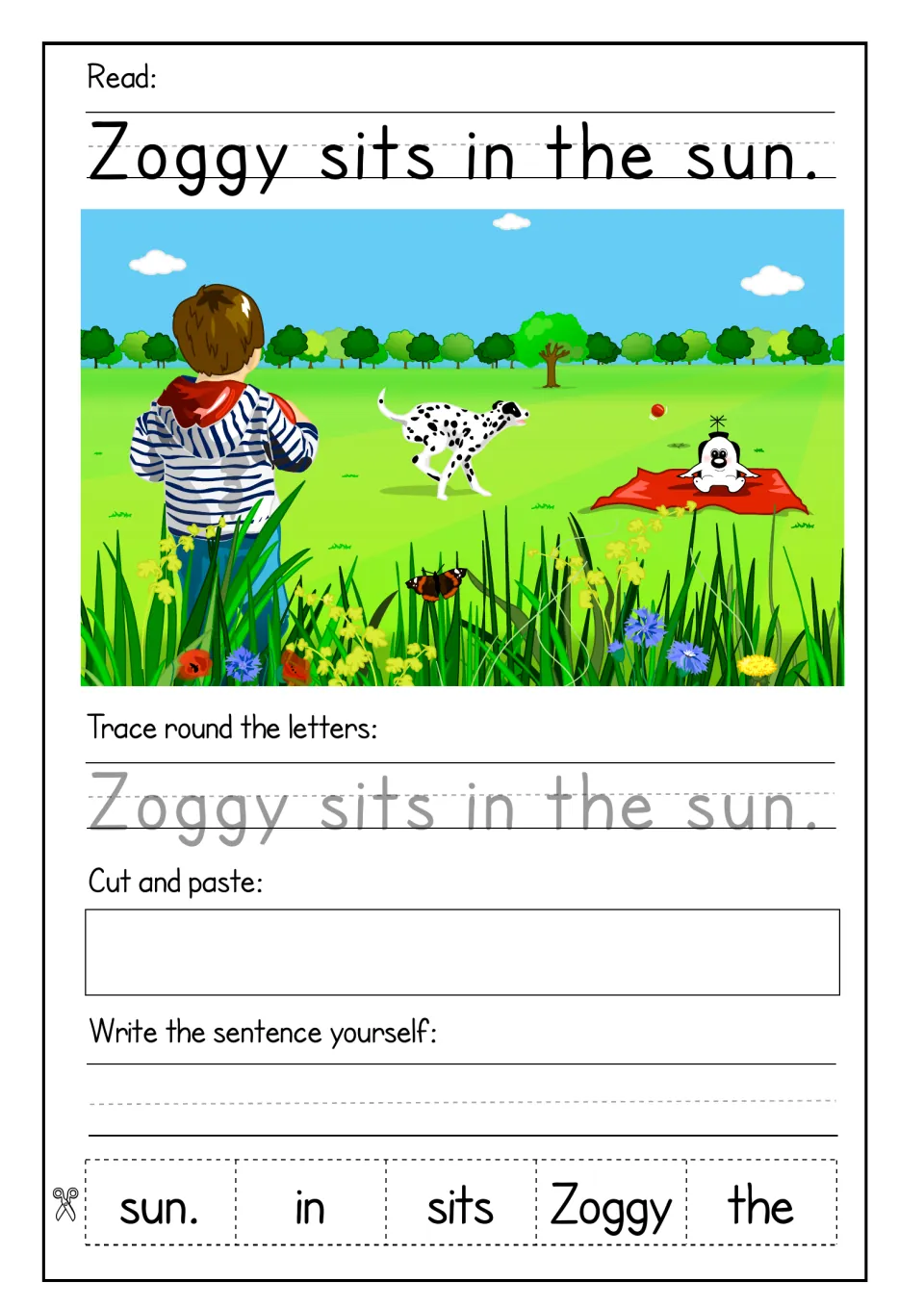 Sentence building with 'Zoggy sits in the sun.': read, trace, cut and paste five jumbled word cards in order, then copy it