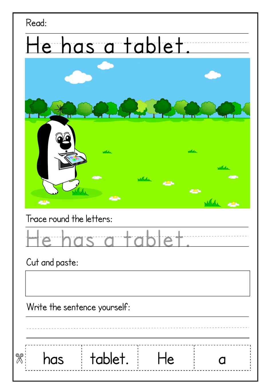 Sentence 'He has a tablet.': students read, trace, order the cut-out words has, tablet., He, a and write it alone