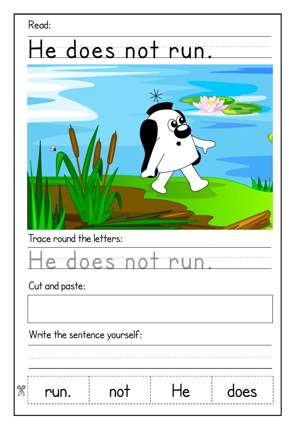 Negative sentence 'He does not run.': read, trace, arrange cut-out words run., not, He, does in order, then copy