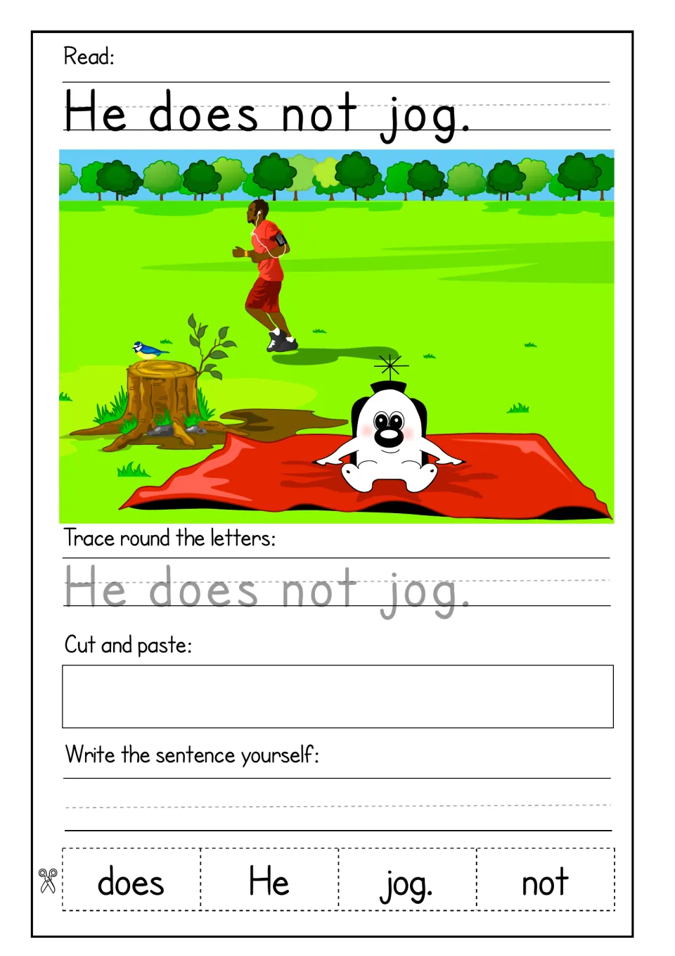 Sentence 'He does not jog.': students read, trace, sequence the jumbled words does, He, jog., not and write it themselves