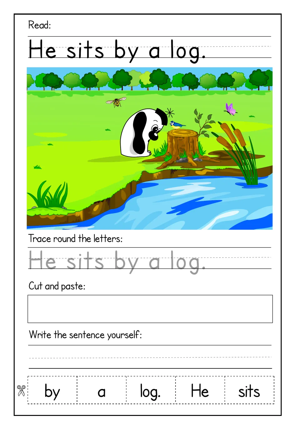 Sentence 'He sits by a log.': read and trace it, glue the cut-out words by, a, log., He, sits in order, then write it