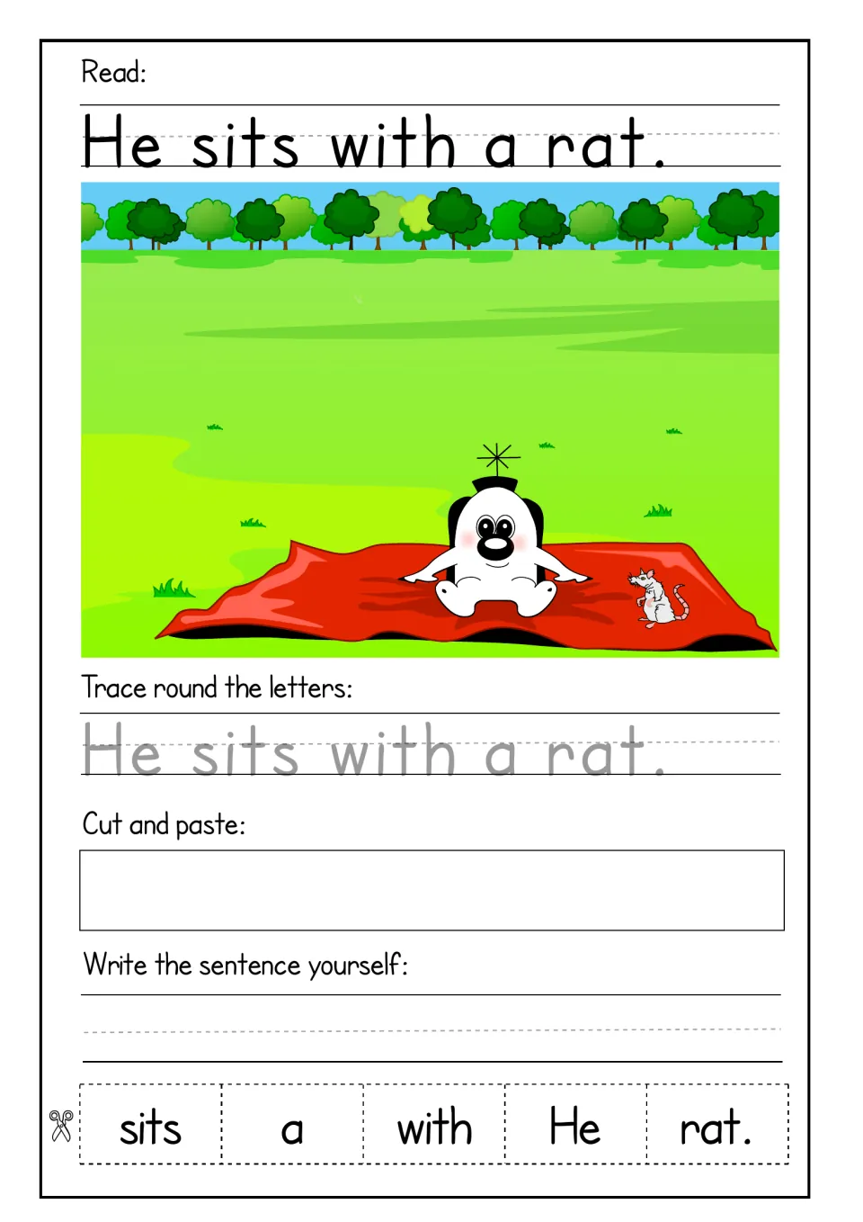 Sentence 'He sits with a rat.': students read, trace, rebuild it from five cut-out word cards and copy it independently