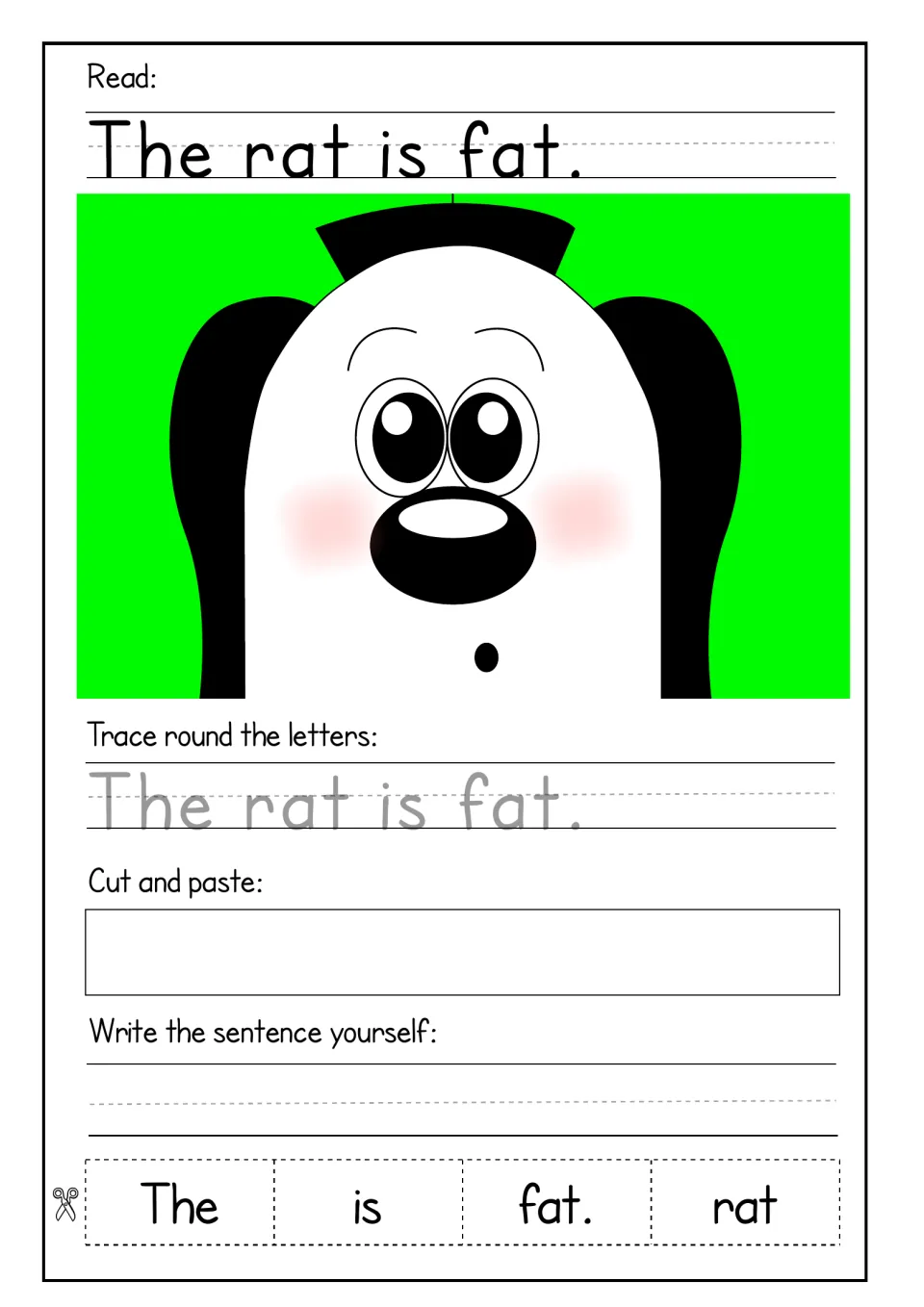 Sentence 'The rat is fat.': read, trace, put the cut-out words The, is, fat., rat in order and write the sentence alone