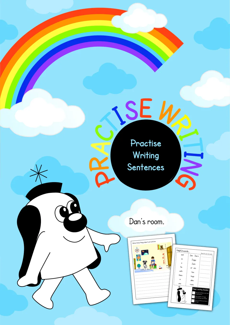 Practise Writing Sentences, Dan's room: cover with Zoggy the alien and previews of the picture page and helpful words list