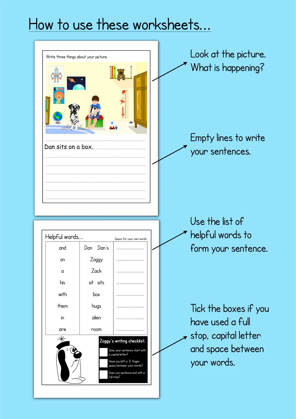 How to use these worksheets: look at the picture, write sentences with the helpful words, then tick the writing checklist