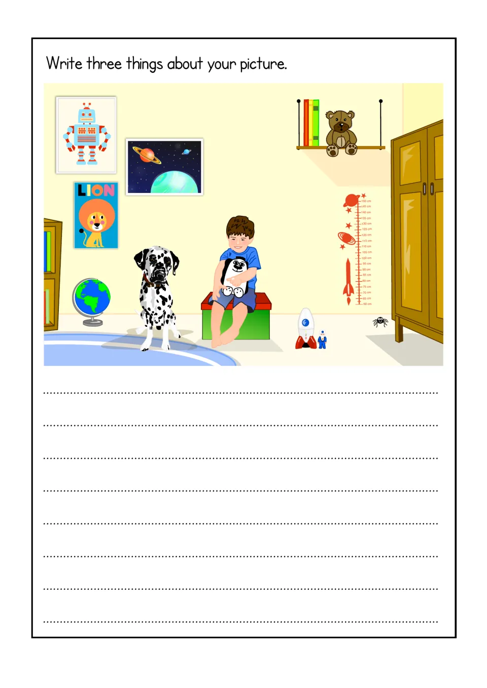 Dan's room picture prompt: students write three sentences about a boy on a box hugging a toy, a Dalmatian and a rocket